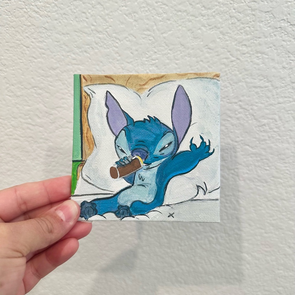 Stitch having coffee in bed Cartoon Acrylic Painting 4”x4” Handmade